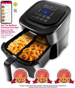 NUWAVE BRIO 6-Quart Digital Air Fryer includes basket divider, one-touch digital controls, 6 easy presets, wattage control, and advanced functions like SEAR, PREHEAT, DELAY, WARM and more