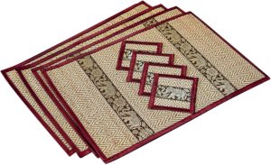 Eco Friendly Handmade, Heat Resistant, Easy to wipe clean, Placemat Coaster 4 sets, 2 sizes Large Medium, Sustainable Kitchen craft Dining table mat natural reed material artisan (Large, Burgundy)