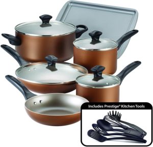 Farberware 21890 Dishwasher Safe Nonstick Cookware Pots and Pans Set, 15 Piece, Copper