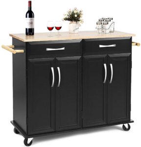 Giantex Kitchen Island Cart, Rolling Trolley Cart Utility Cabinet w/Rubber Wood Top, Large Storage Easy-Clean with Smooth Lockable Wheels Home Kitchen Carts (Black)