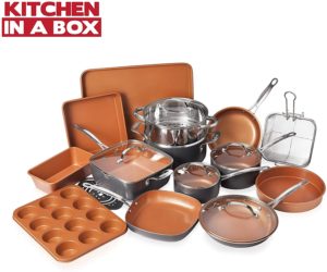 Gotham Steel 20 Piece All in One Kitchen Cookware + Bakeware Set with Nonstick Durable Ceramic Copper Coating – Includes Skillets, Stock Pots, Deep Square Fry Basket, Cookie Sheet and Baking Pans