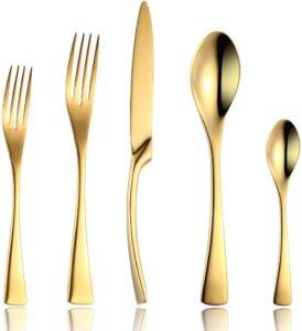 Lemeya 20 Pieces Flatware Cutlery Set,18/10 Stainless Steel Silverware Utensils Service for 4,Include Knife/Fork/Spoon, Mirror Polished,Dishwasher Safe (Gold)