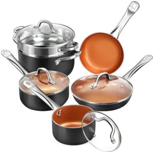 SHINEURI Nonstick Ceramic Copper 10 Pieces Cookware Set, Aluminum Pots and Frying Pans Set, Steamer and Sauce pan with Stainless Steel Handle & Lid, Suitable for Induction, Gas, Electric and Stovetops