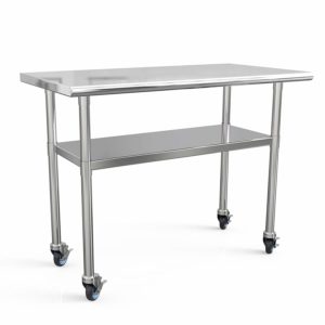 Stainless Steel Prep Table 48x24 Inches NSF Commercial Work Table Food Metal Table Heavy Duty Kitchen Garage Tables Worktables and Workstations Sandwich Top with 4 Caster Wheels
